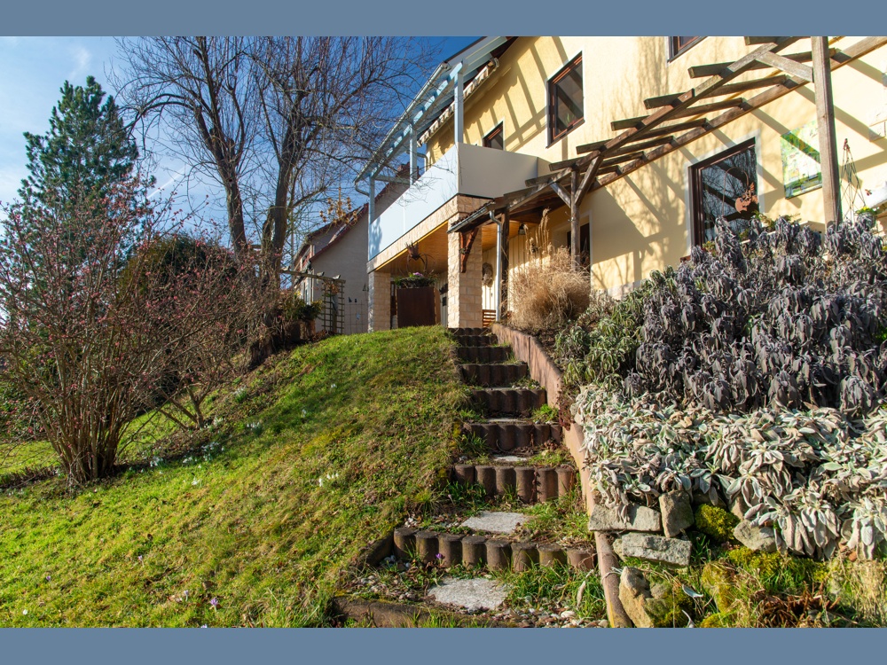 Treppe zwischen Garten und Terrasse