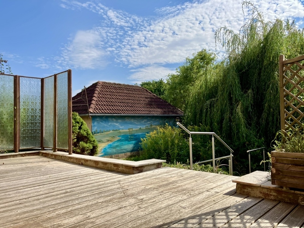 Blick von der Terrasse zum Grundstück